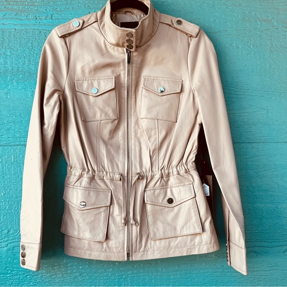 Bebe Genuine Leather Utility Jacket Cream Beige Zip Front NWT Size S - Picture 11 of 12